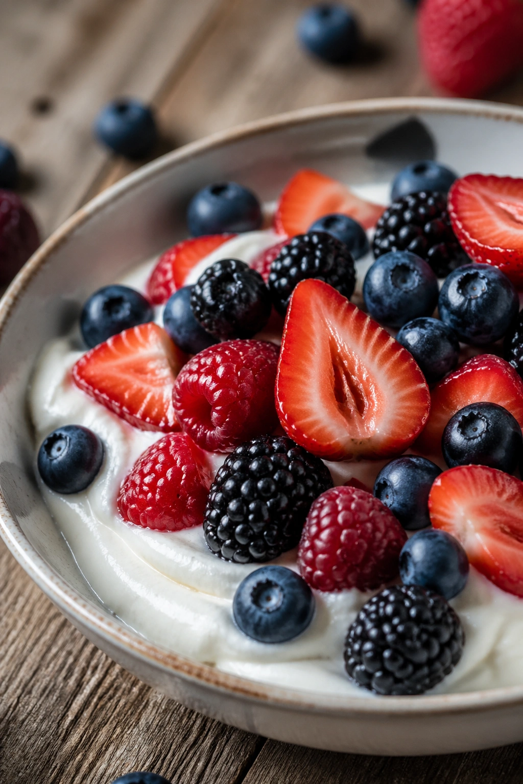 Close-up of a bowl of Greek yogurt with berries on a wooden kitchen counter
