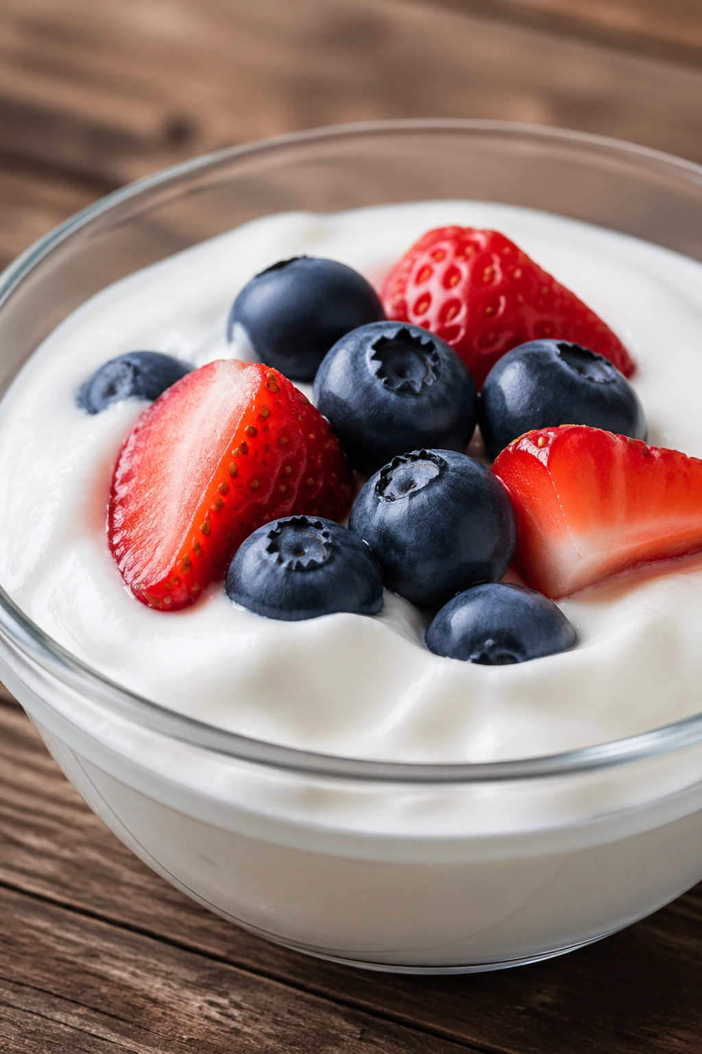 Close-up of Greek yogurt with berries in a small bowl on a wooden counter.