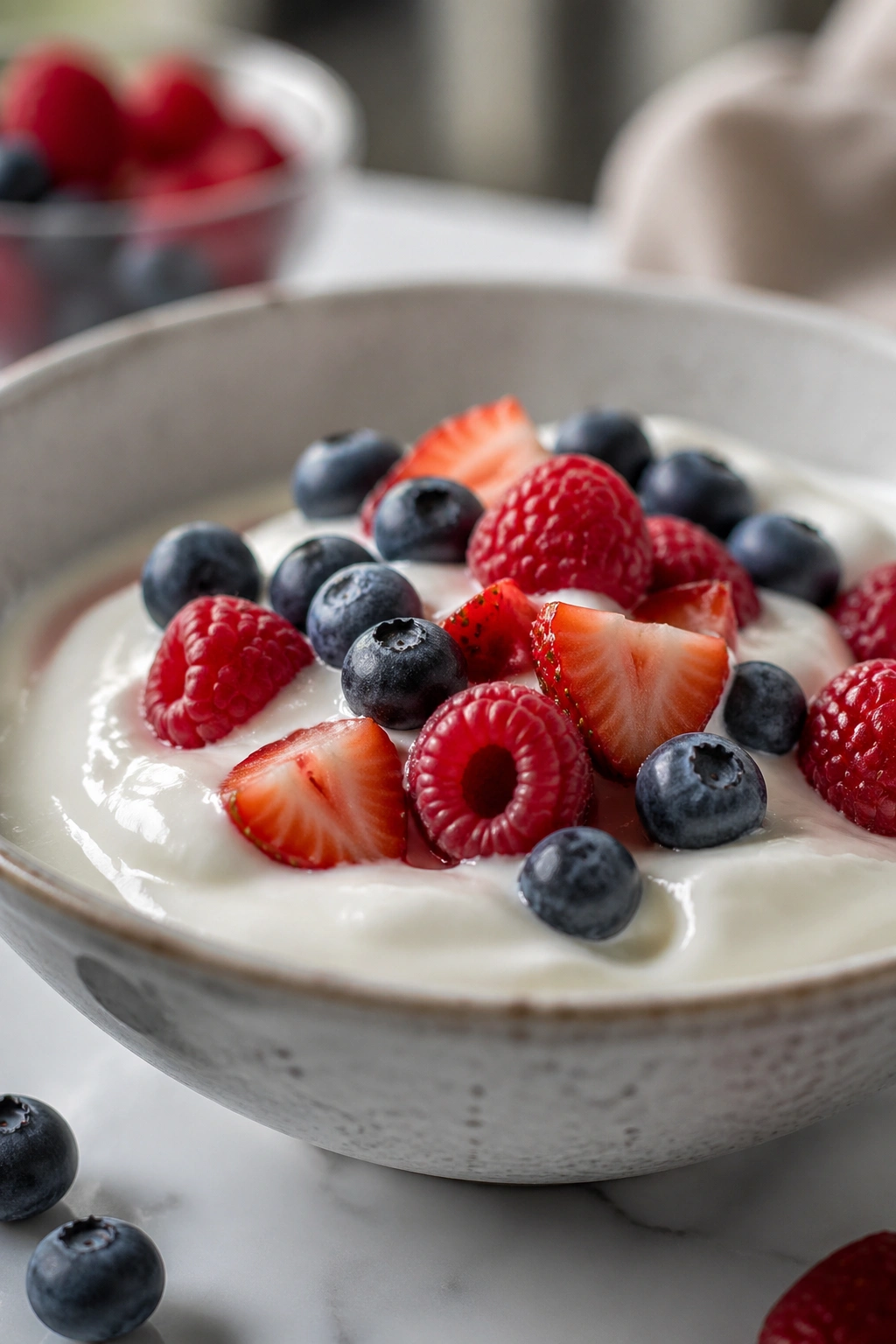 Close-up bowl of plain Greek yogurt with berries on a kitchen counter