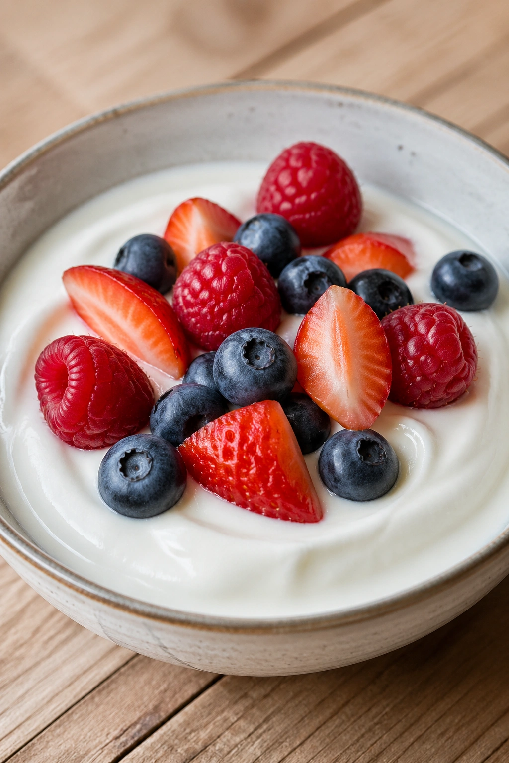 Close-up of plain Greek yogurt with berries in a bowl