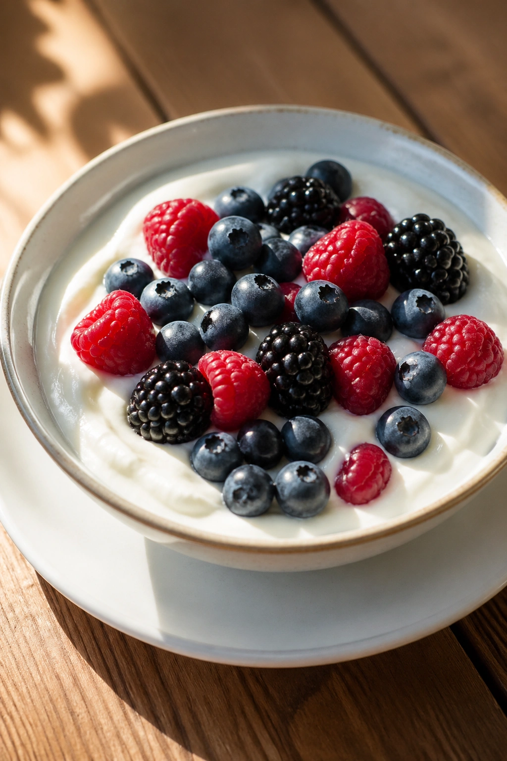 Greek yogurt with fresh berries in a bowl with soft light