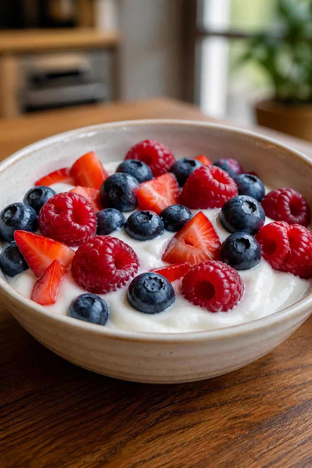 Close-up of a bowl of Greek yogurt with berries on a wooden kitchen counter