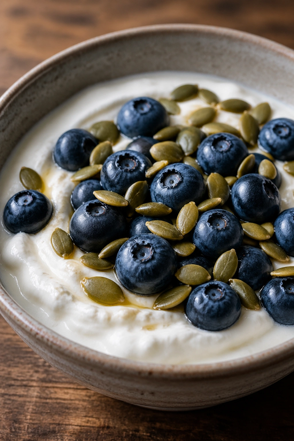 Greek yogurt with berries and pumpkin seeds in a bowl