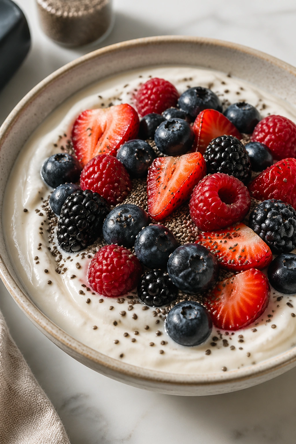 Close-up of Greek yogurt with berries and chia seeds in a bowl