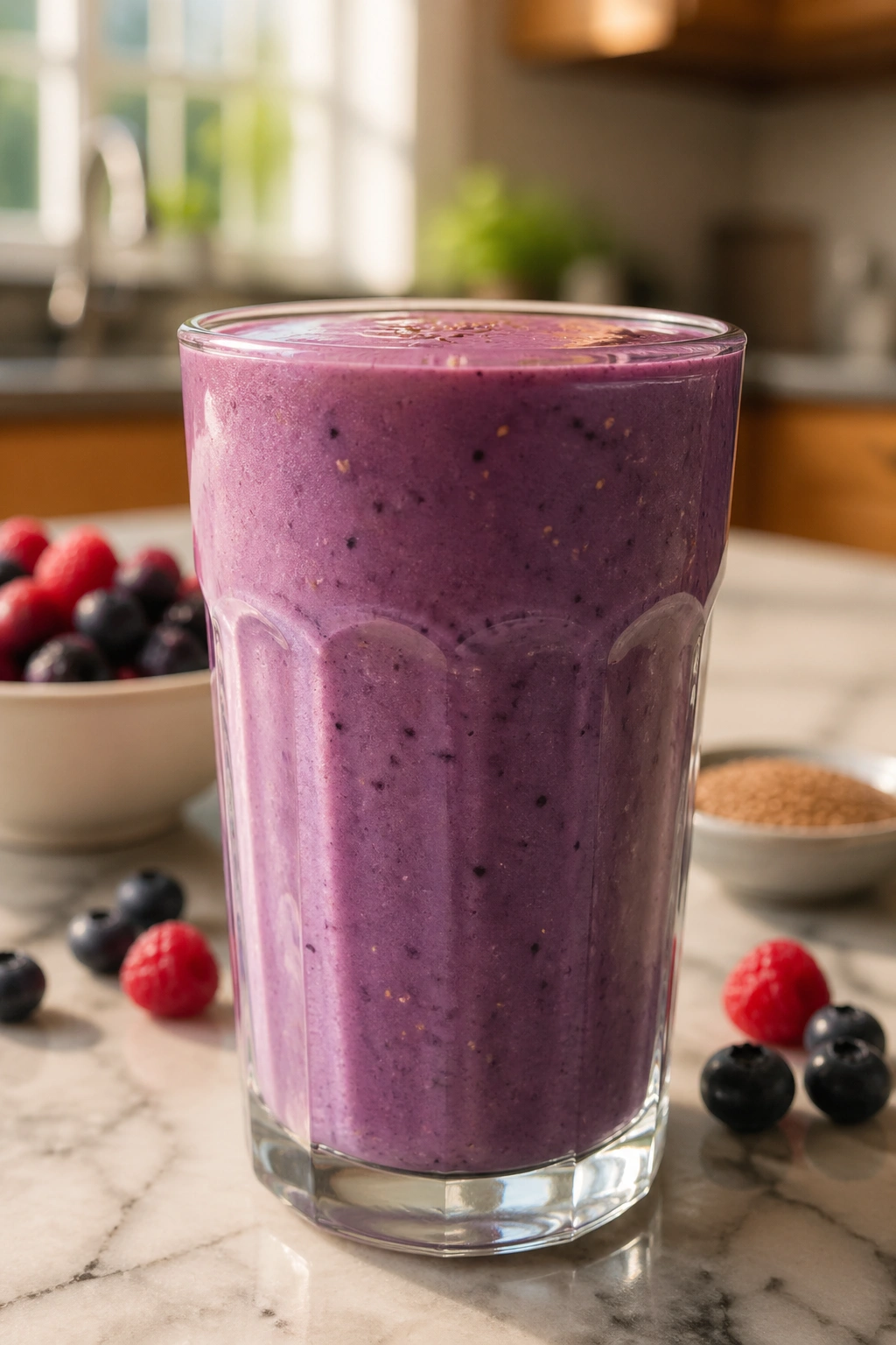 Purple berry smoothie in a tall glass with flax specks on a kitchen counter