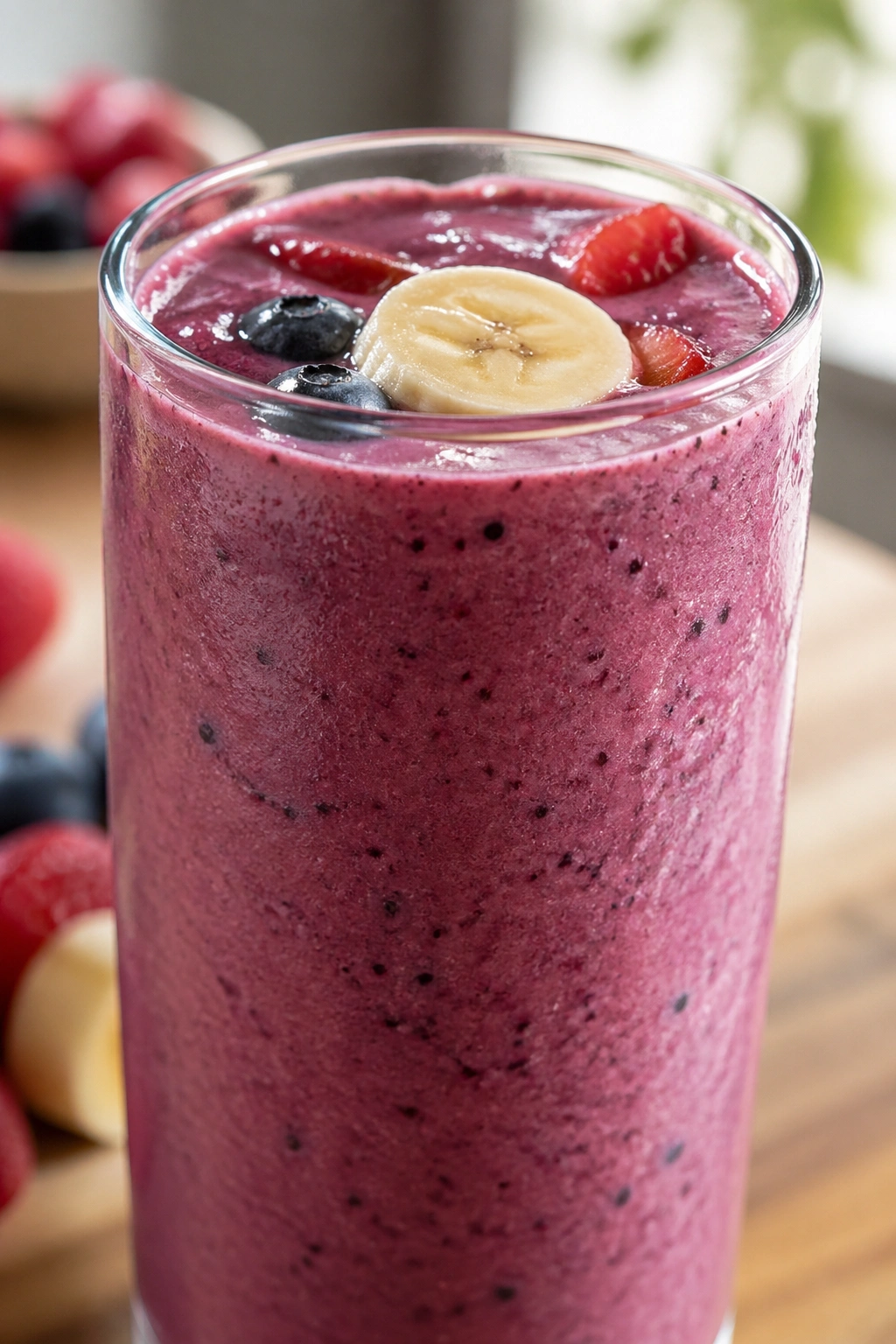 Close-up of a creamy Greek yogurt berry smoothie in a glass, pre-workout drink