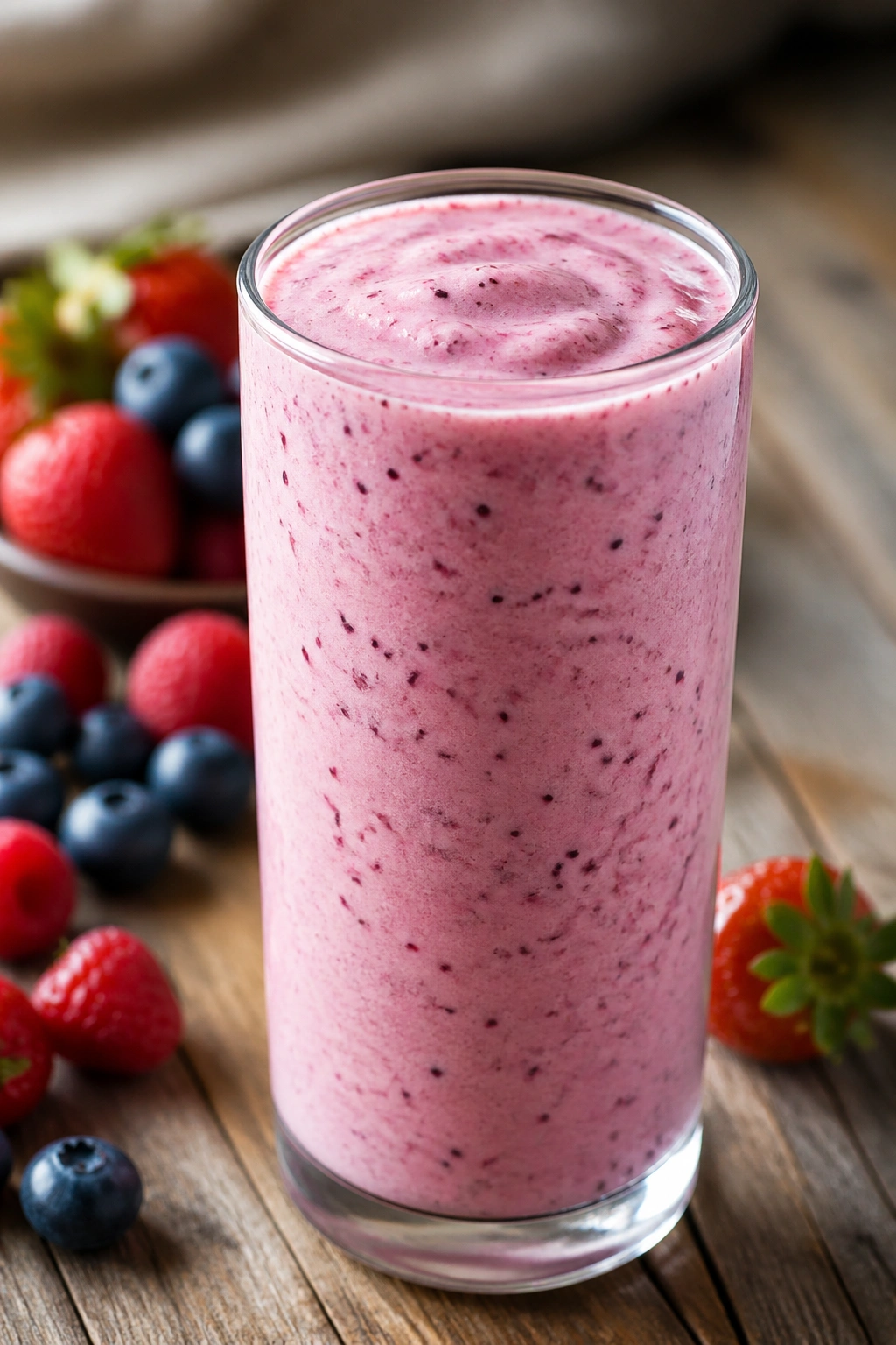 Greek yogurt berry smoothie in a tall glass on a wooden table