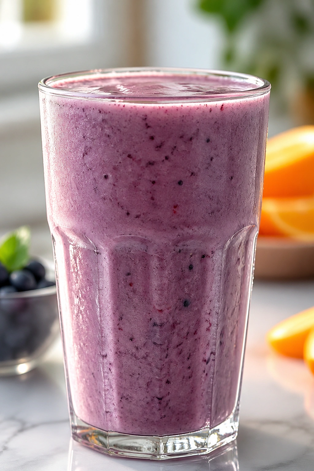 Glass of Greek yogurt berry smoothie on a bright kitchen counter
