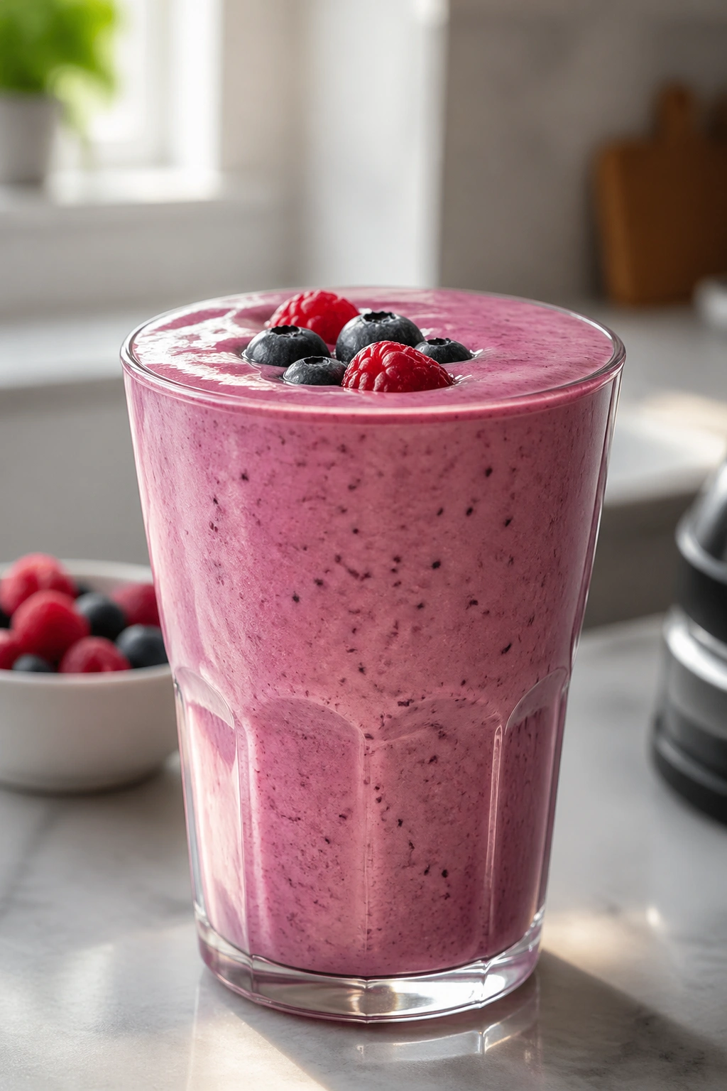 Close-up of Greek yogurt berry recovery smoothie in glass on kitchen counter