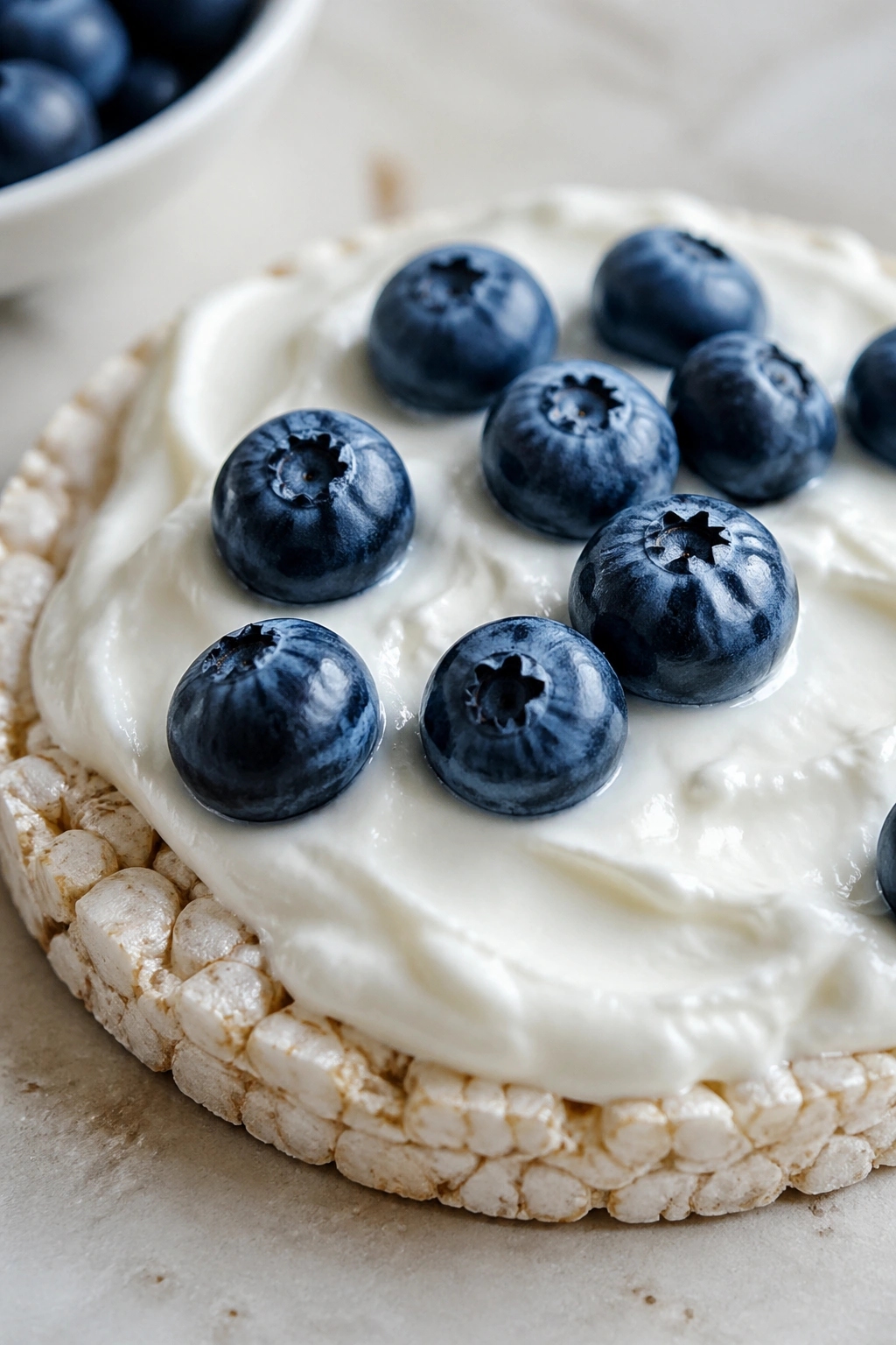 Rice cake topped with thick Greek yogurt and fresh blueberries