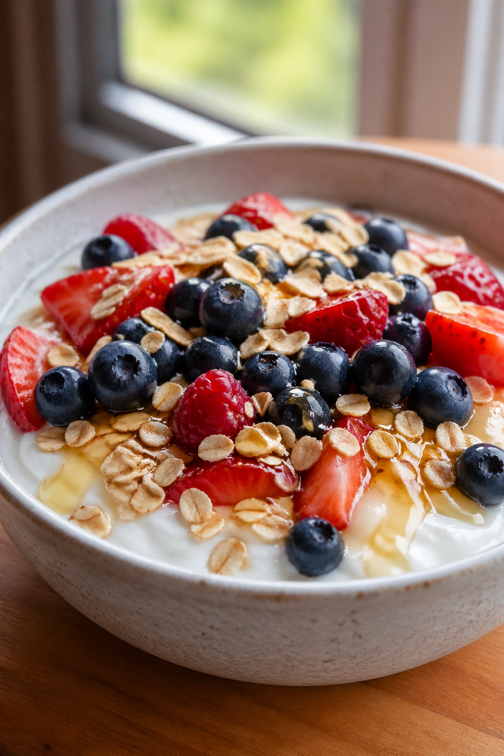 Close-up of a thick Greek yogurt bowl with berries and oats, post-workout snack