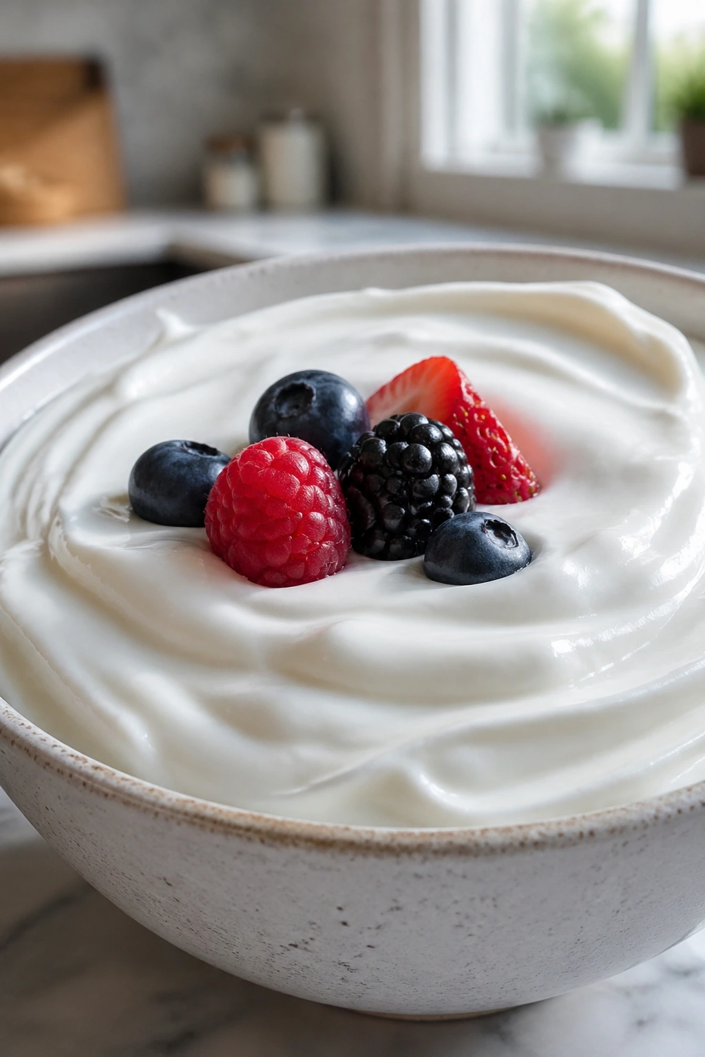 Thick Greek yogurt with berries in a bright morning kitchen