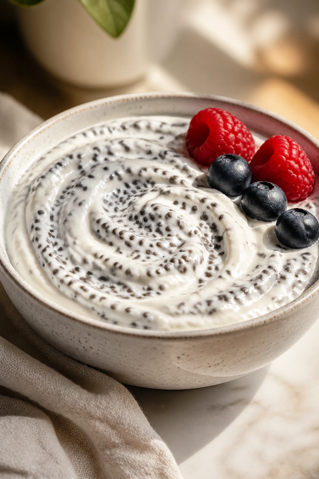 Plain Greek yogurt with chia swirl in a bowl.