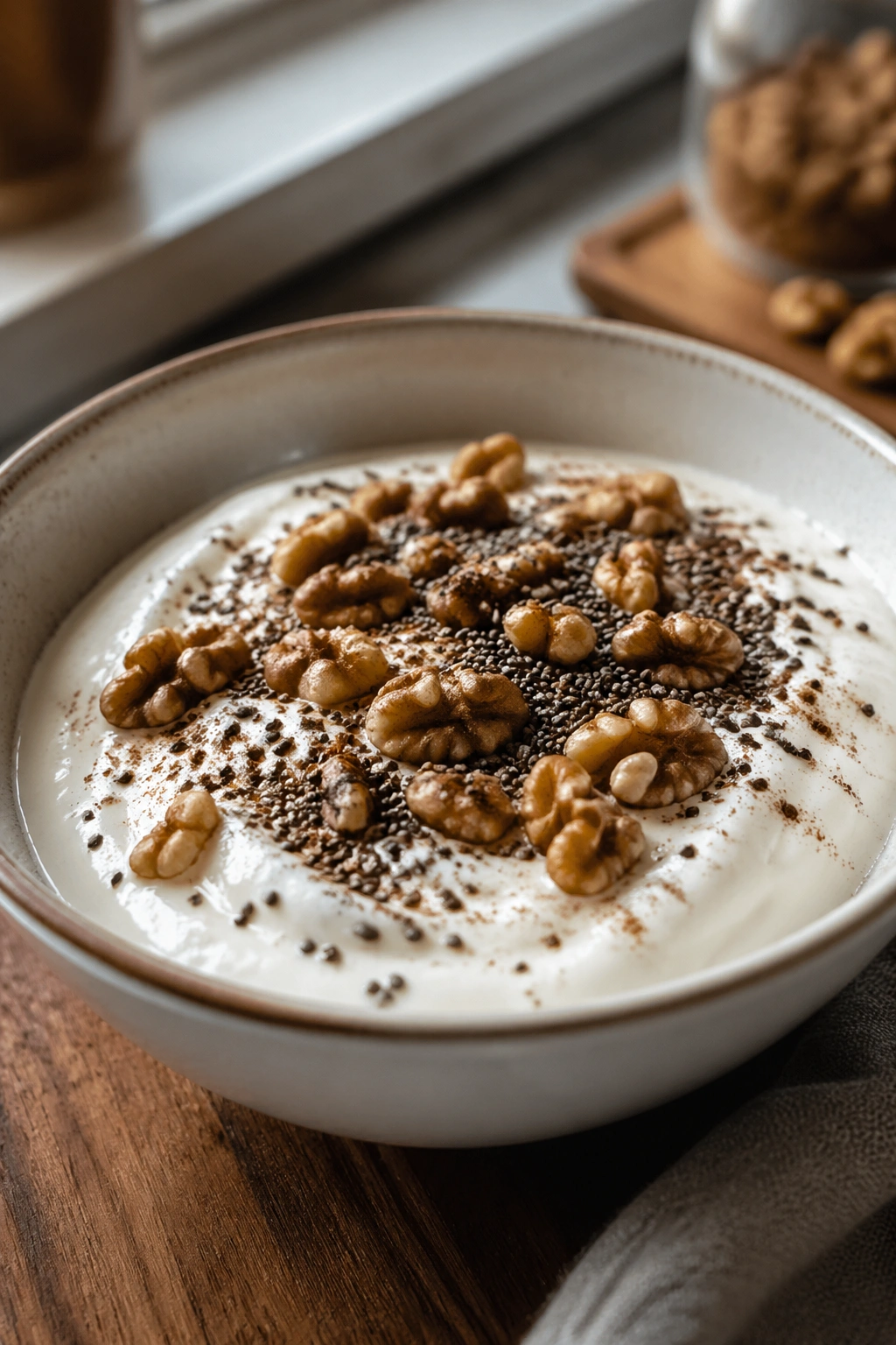 Close-up bowl of full-fat Greek yogurt with chia and walnuts