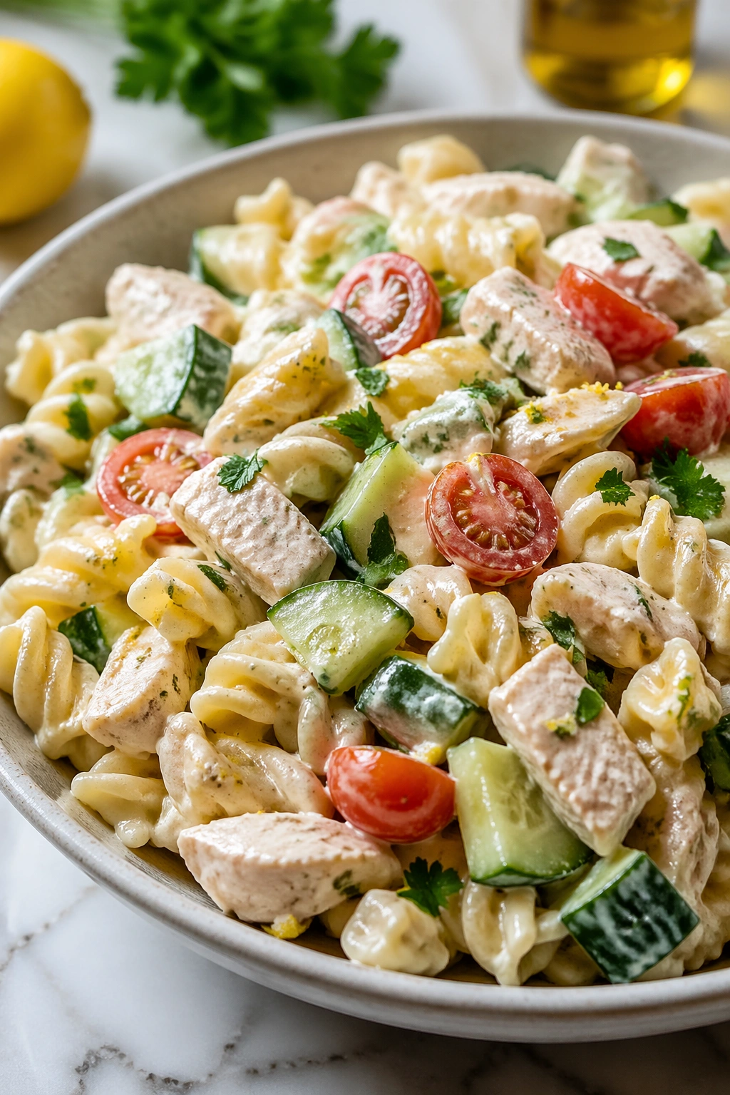 Creamy Greek yogurt chicken pasta salad with vegetables in a bowl