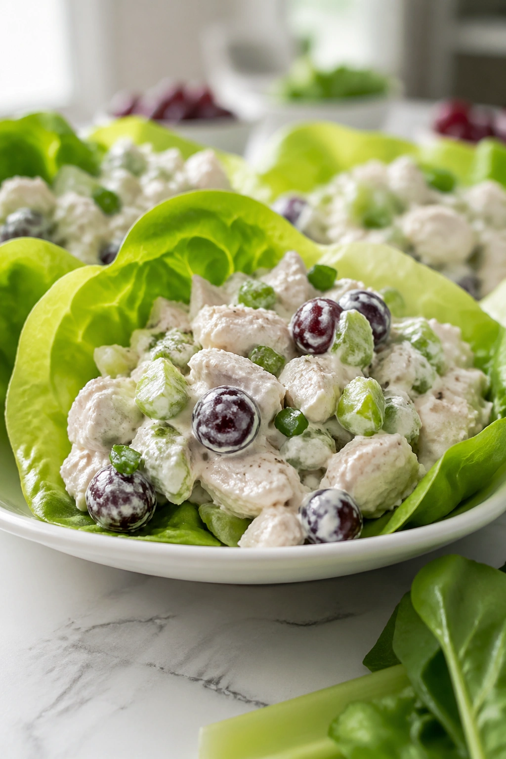 Close-up of Greek yogurt chicken salad in lettuce cups