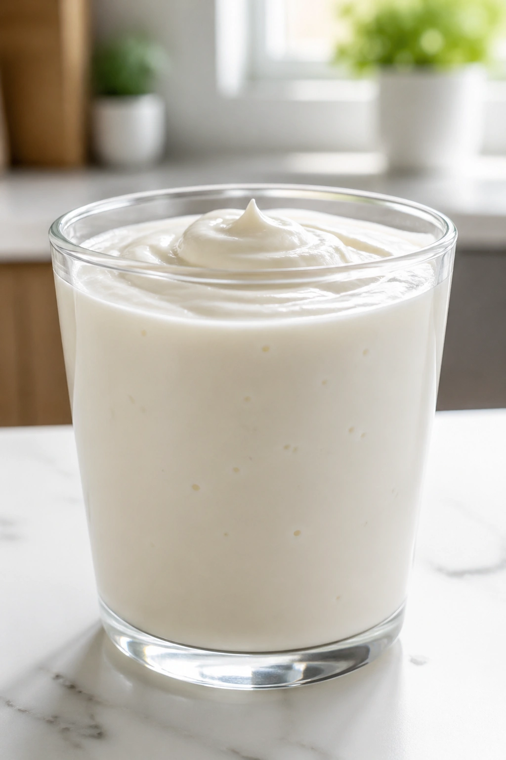 Glass of Greek yogurt drink in a bright kitchen.