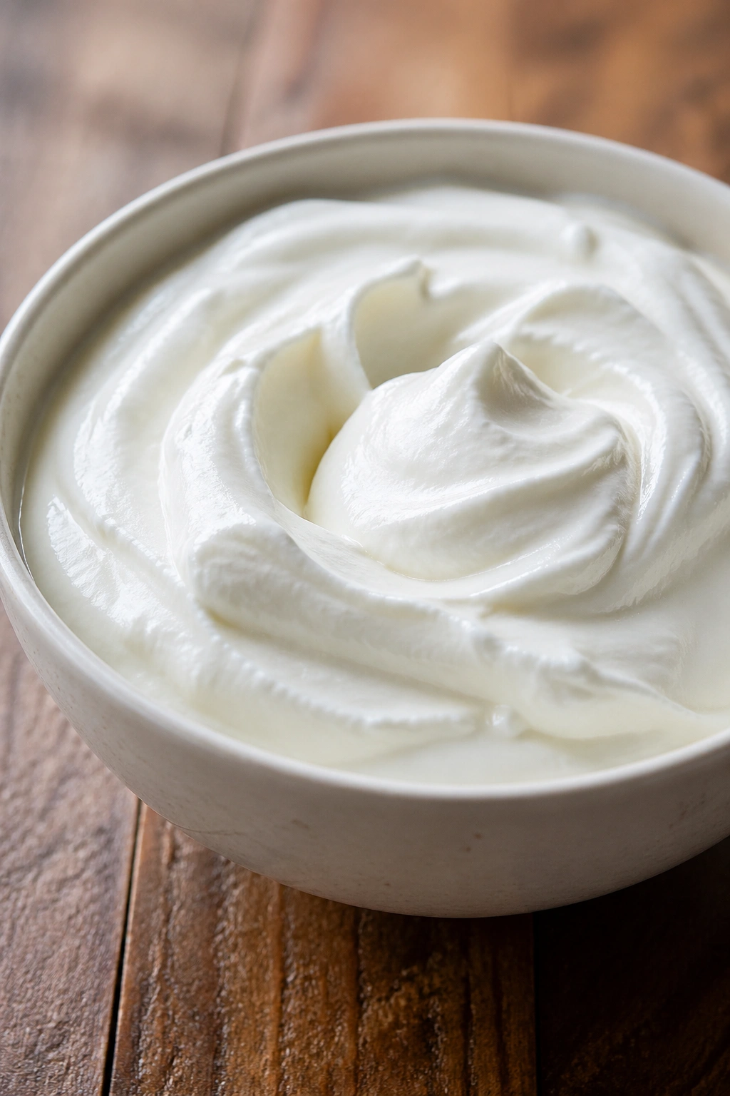 Thick Greek yogurt in a bowl filling the frame