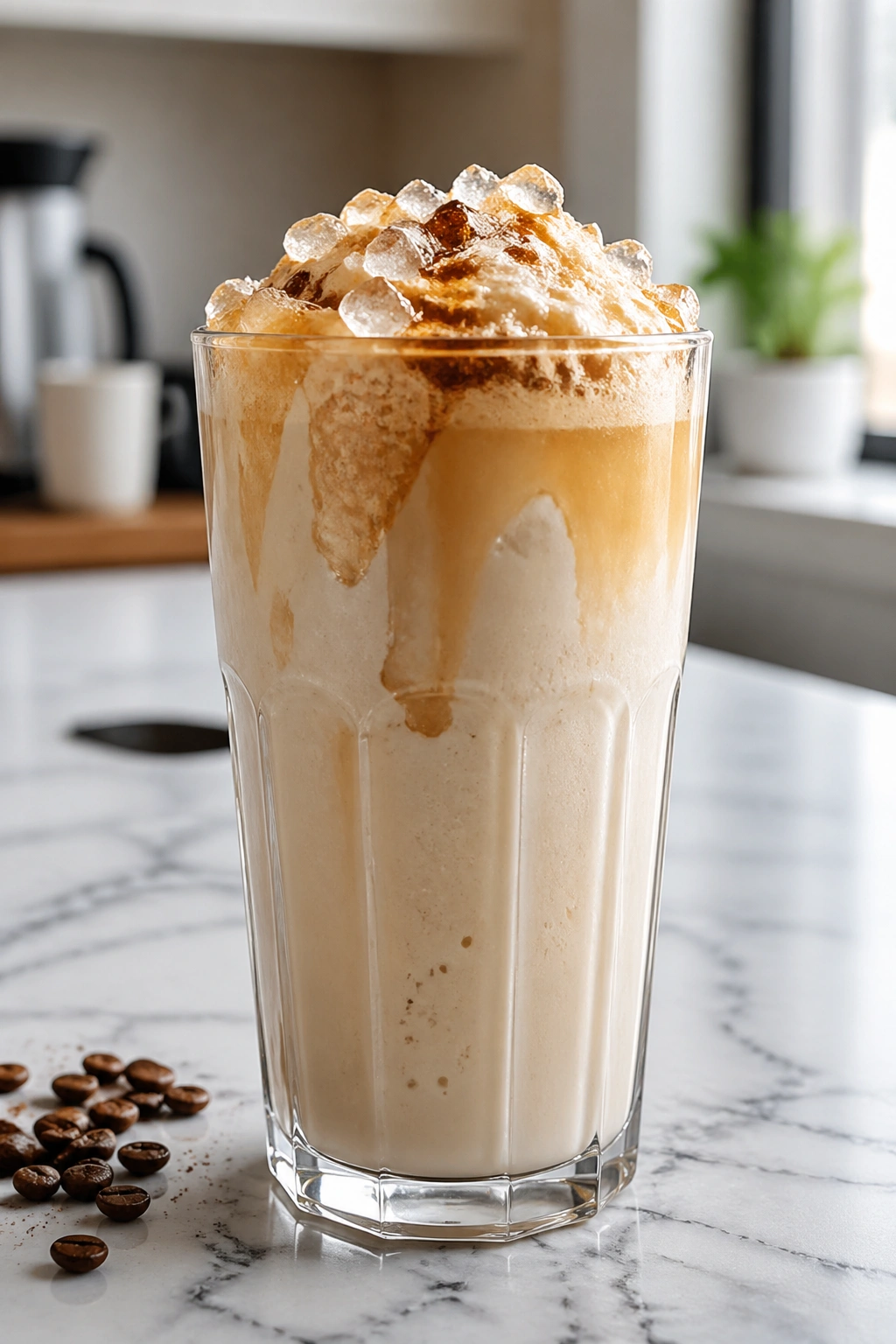 Creamy Greek Yogurt Espresso Protein Frappe in a glass on a kitchen counter