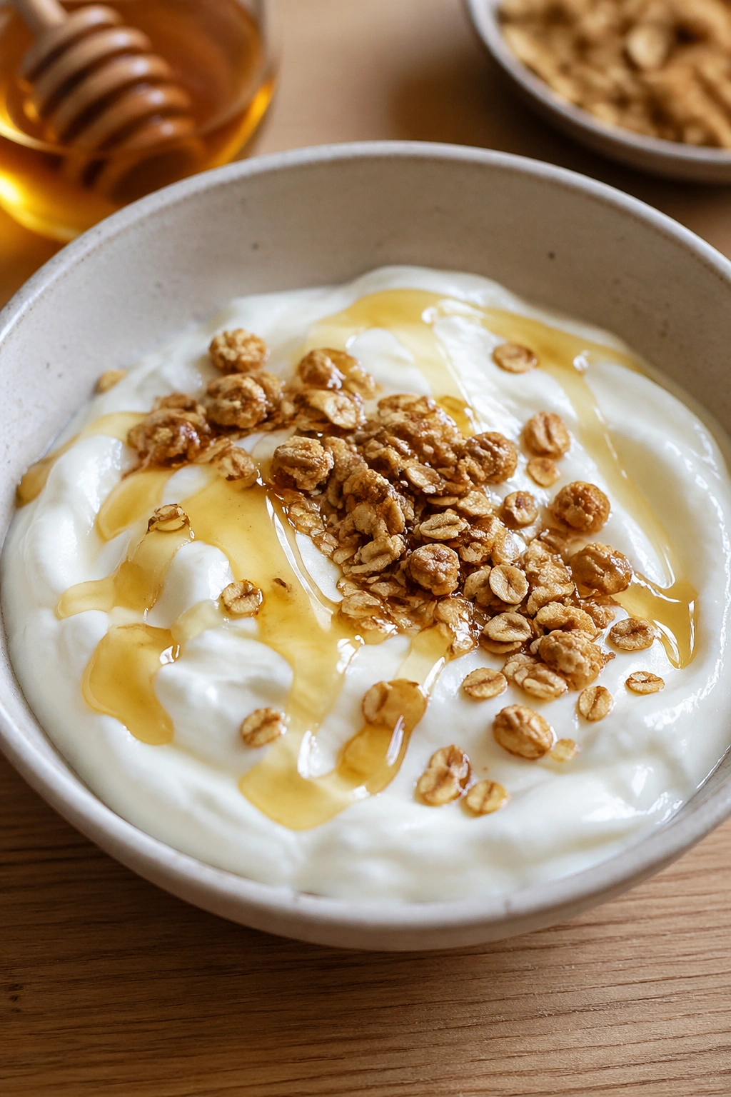 Greek yogurt with granola and honey in a bowl