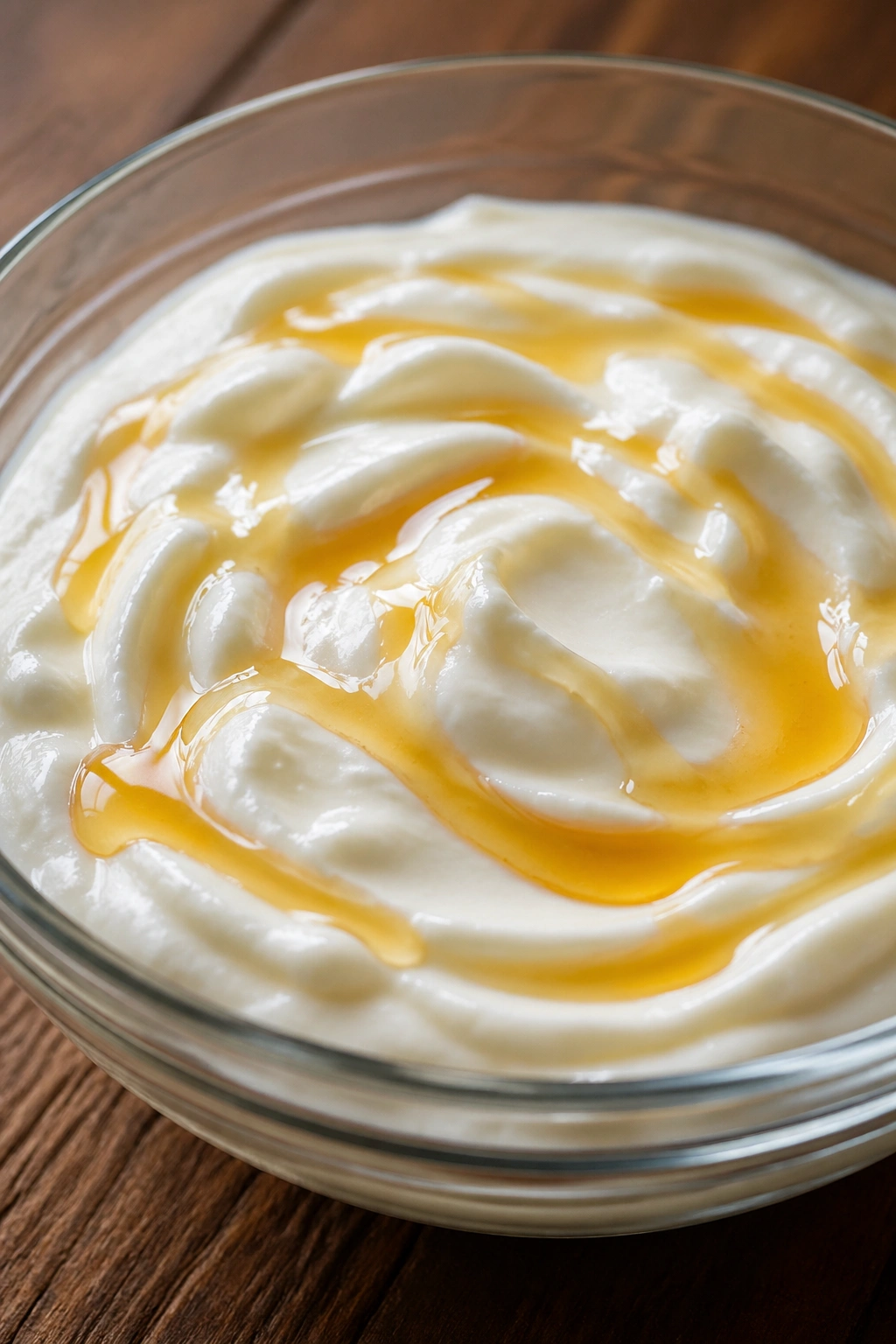 Greek yogurt with honey drizzle in a glass bowl on a kitchen table