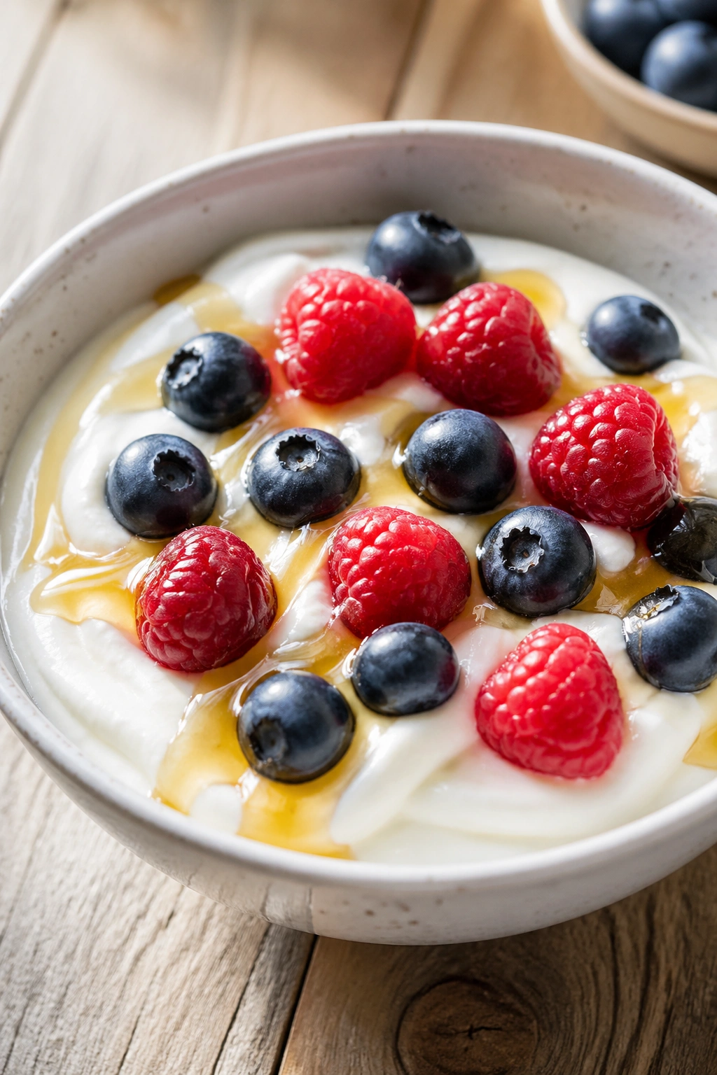 Close-up of Greek yogurt with honey and berries in a bowl on a wooden table.