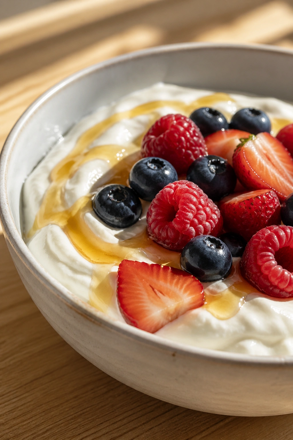 Yogurt bowl with honey and berries in a sunlit kitchen