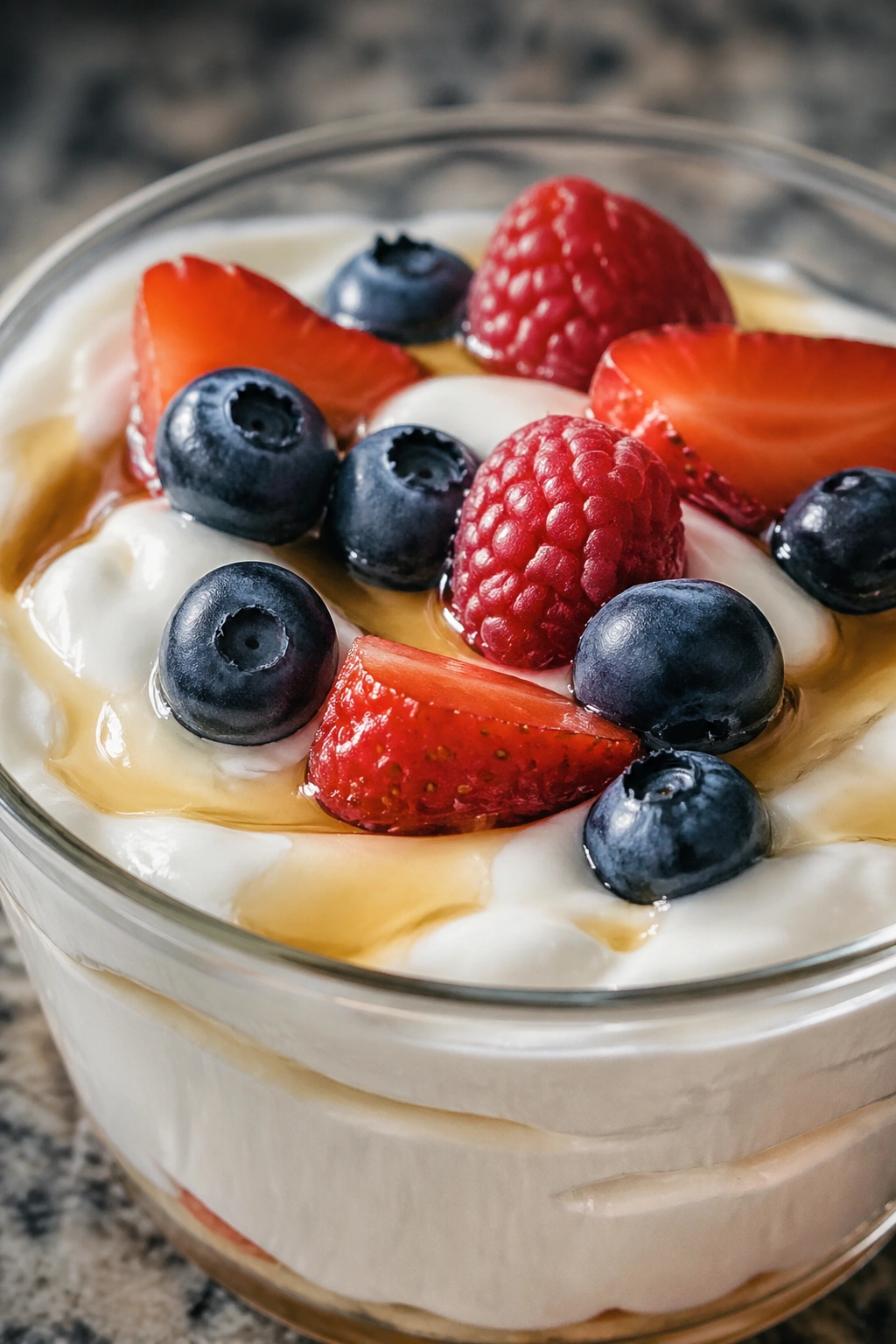 Close-up of Greek yogurt with honey and berries in a small cup