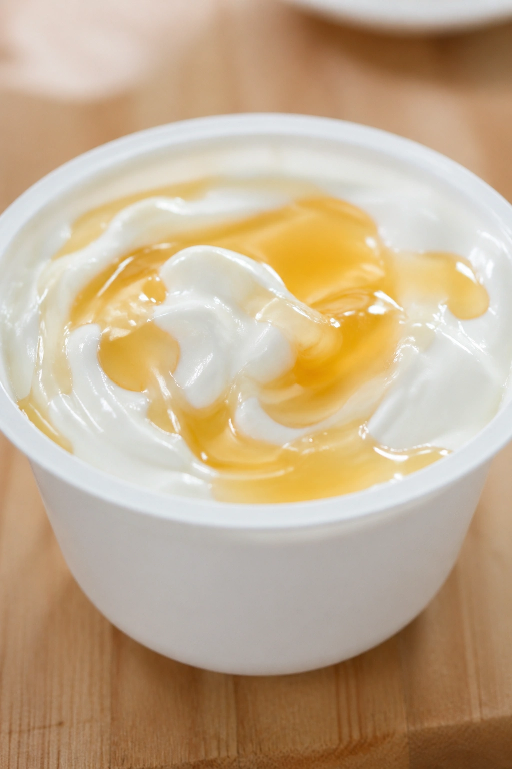 White yogurt cup with honey drizzle, close-up.