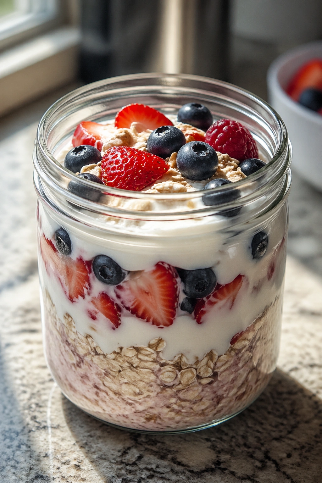 Jar of Greek yogurt oats with berries in a kitchen on counter