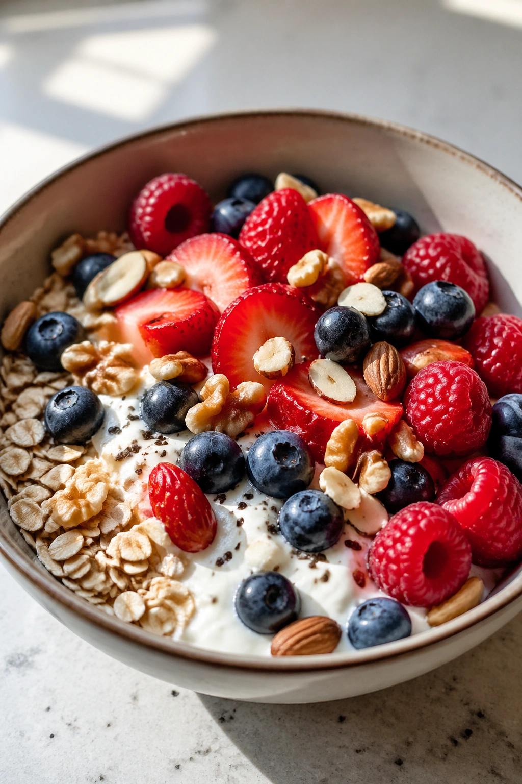 Power bowl with Greek yogurt, oats, berries, and nuts
