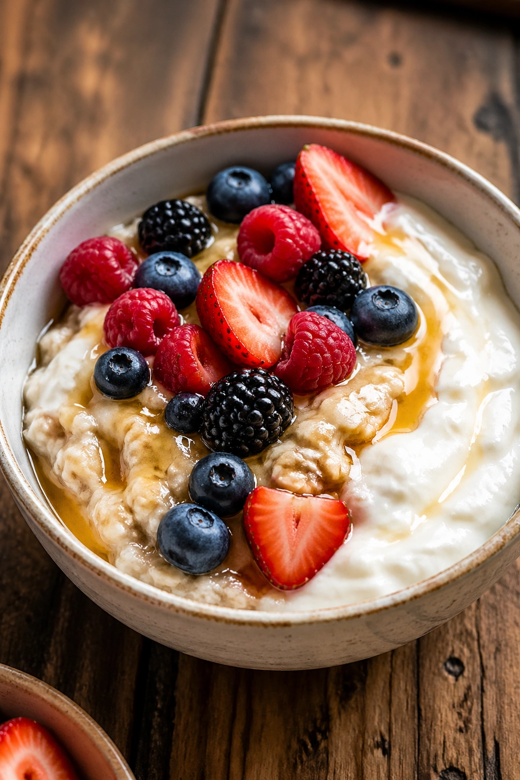 Close-up of Greek yogurt oats bowl with berries and honey