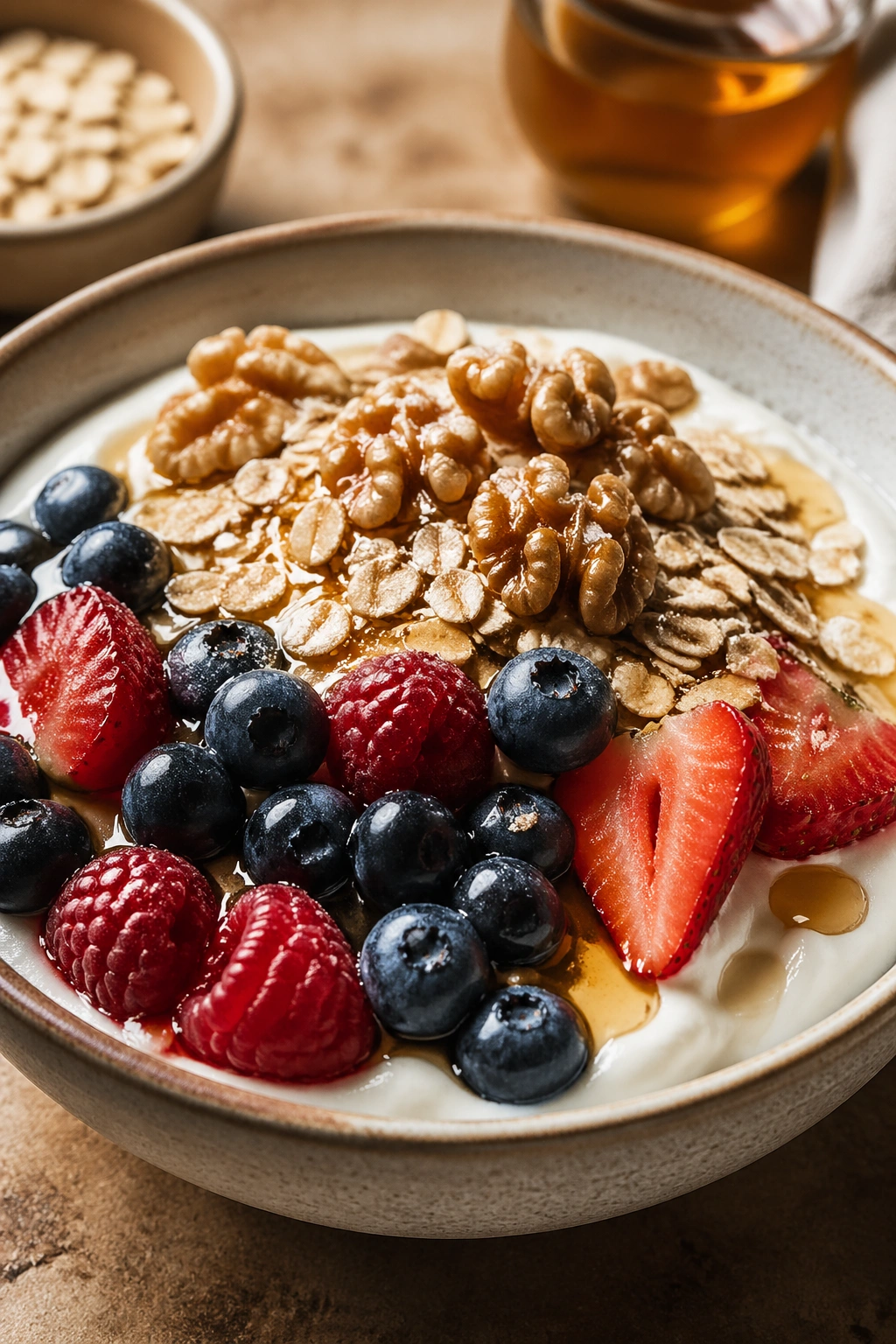Close-up of a greek yogurt bowl with oats berries and walnuts for post-workout recovery
