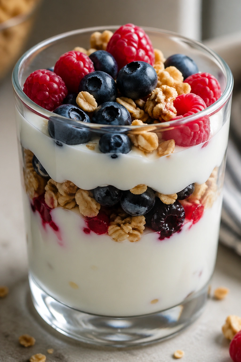 Close-up parfait cup with yogurt, berries, and granola