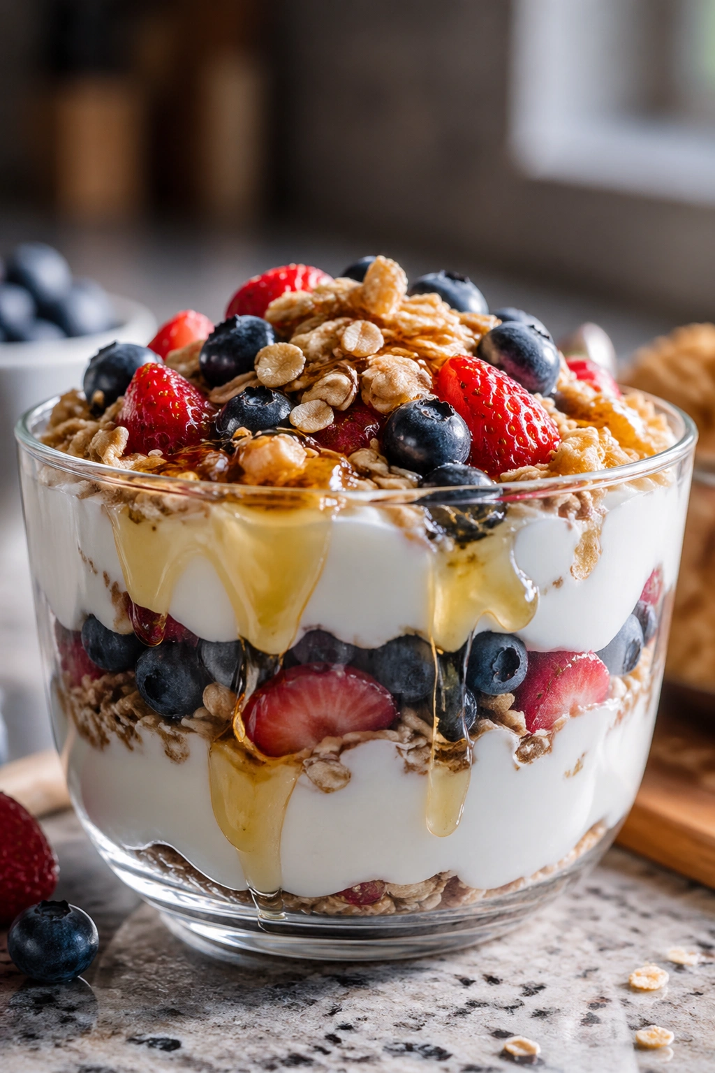 Close-up of Greek yogurt parfait with berries and granola