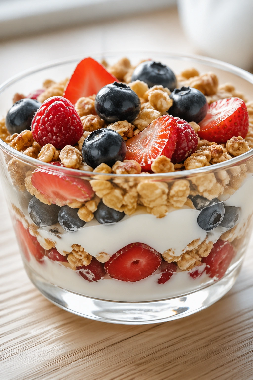 Layered Greek yogurt parfait with berries and granola in a glass bowl.