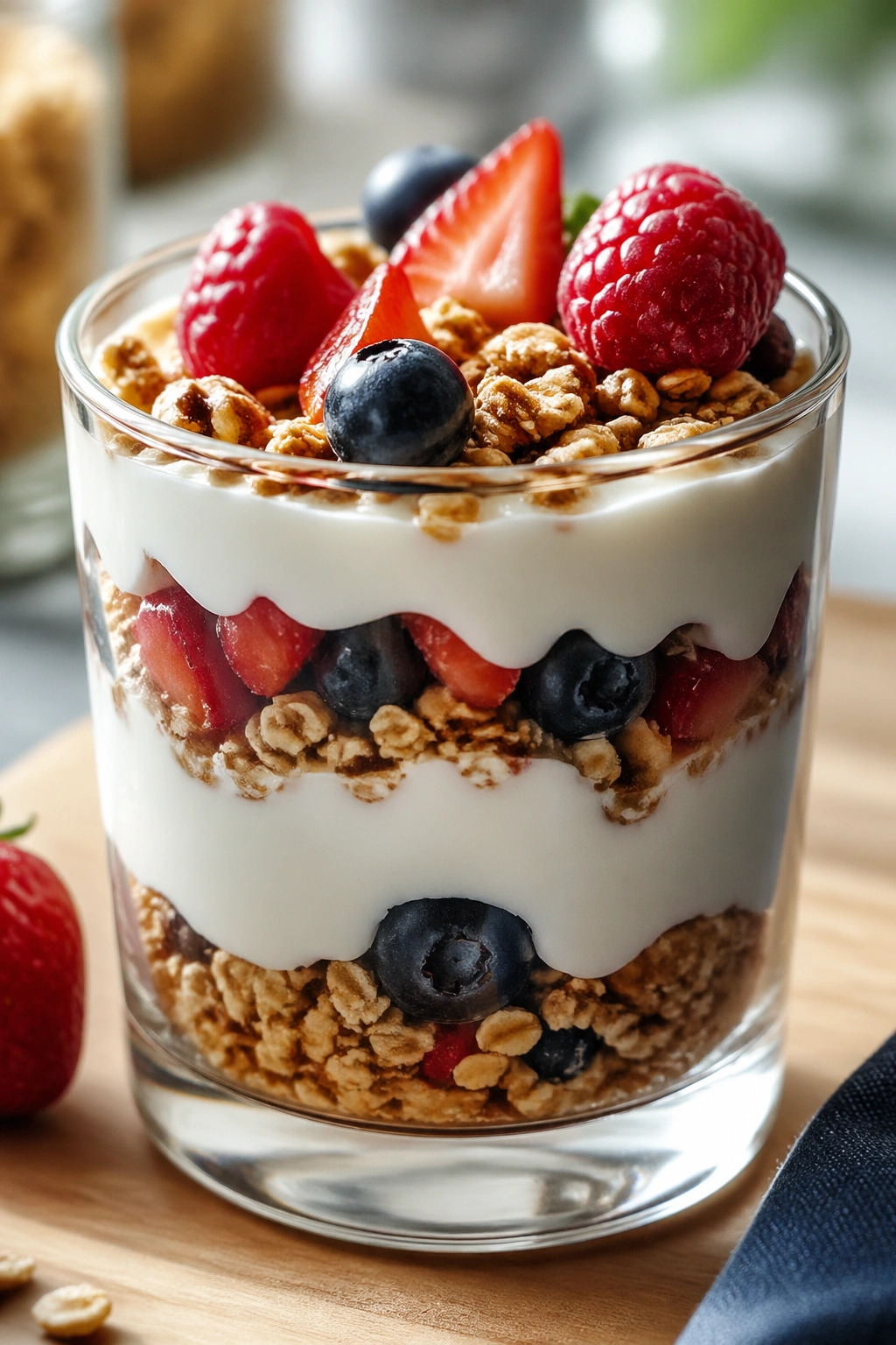 Greek yogurt parfait with granola and berries in a glass