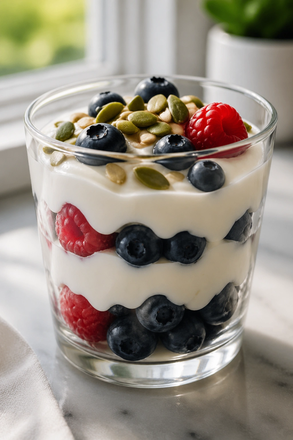 Close-up of Greek yogurt parfait with berries and pumpkin seeds in a glass on a kitchen counter