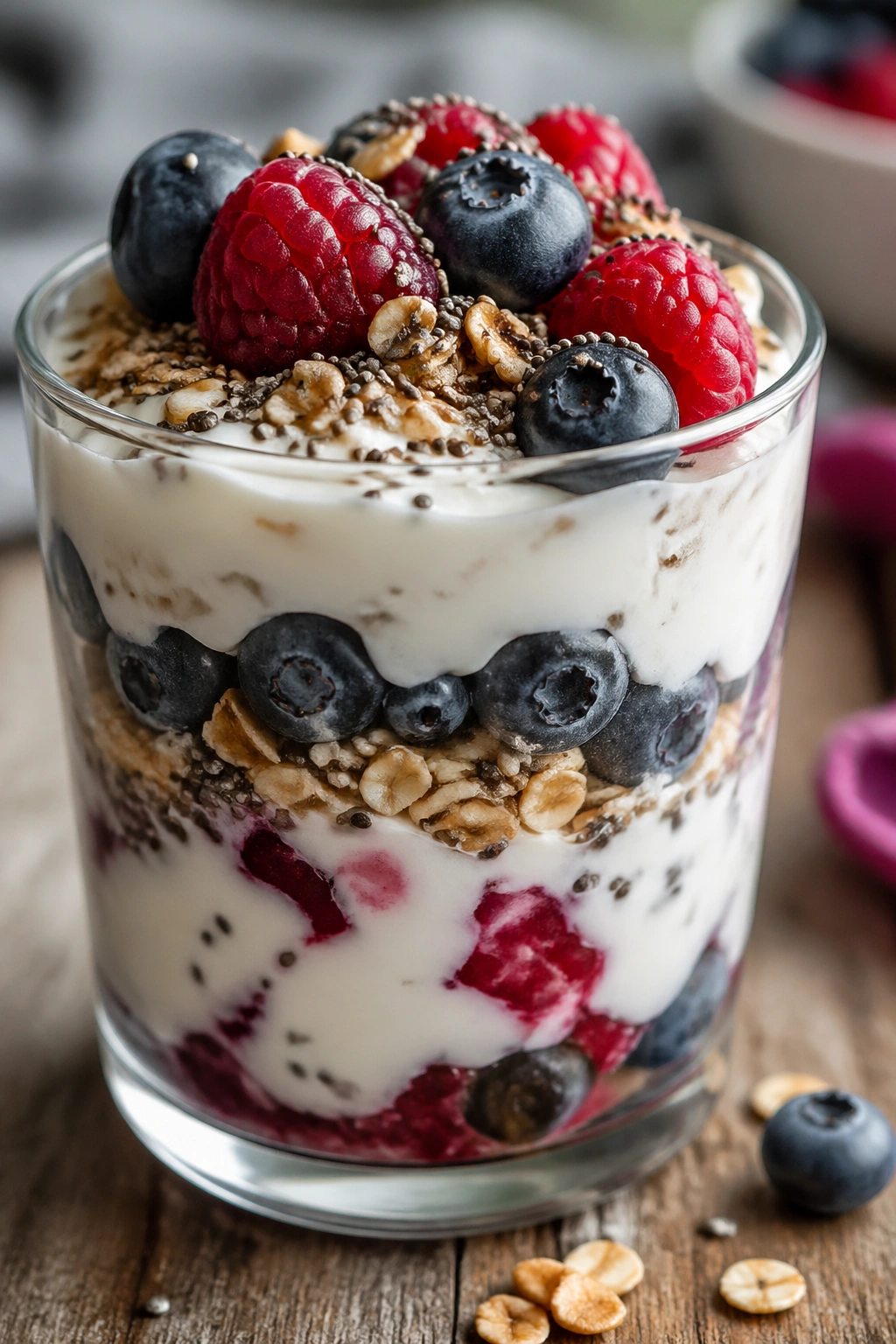 Close-up of layered Greek yogurt parfait with berries and granola in a glass on a kitchen counter