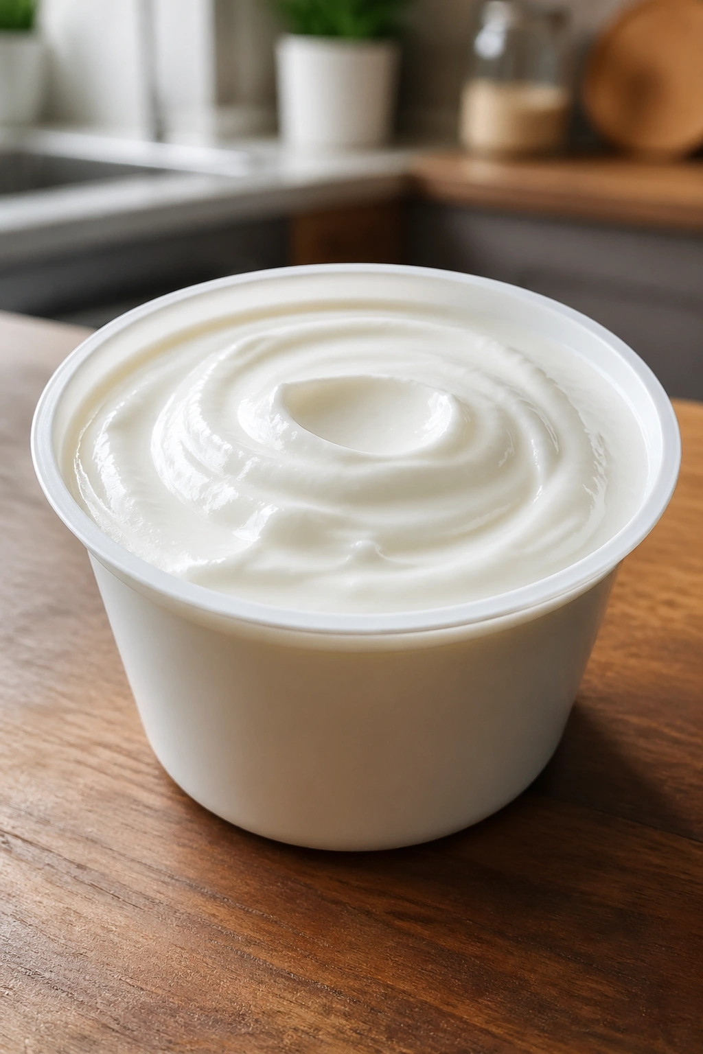 Close-up of plain Greek yogurt in a cup with creamy texture