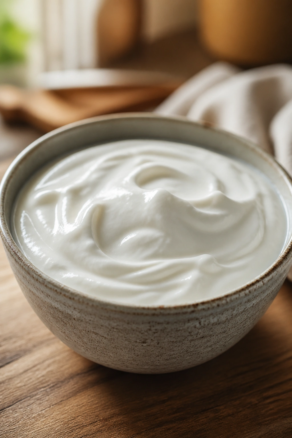 Close-up of thick Greek yogurt in a ceramic bowl on a wooden counter with natural daylight
