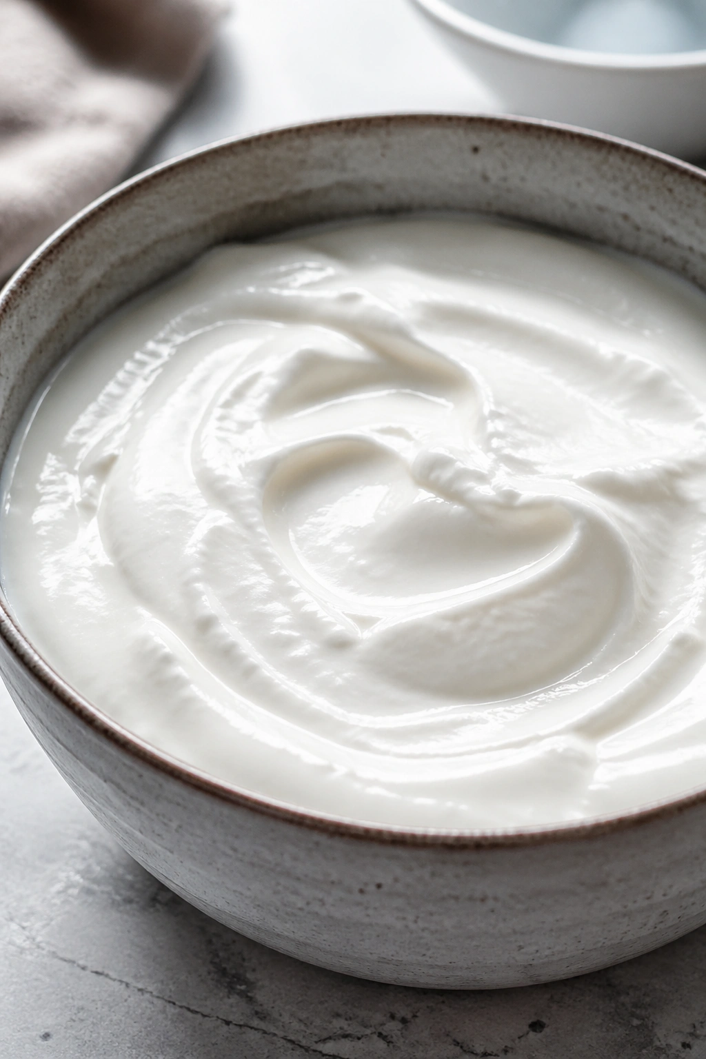 Close-up of thick plain Greek yogurt in a bowl on a kitchen counter
