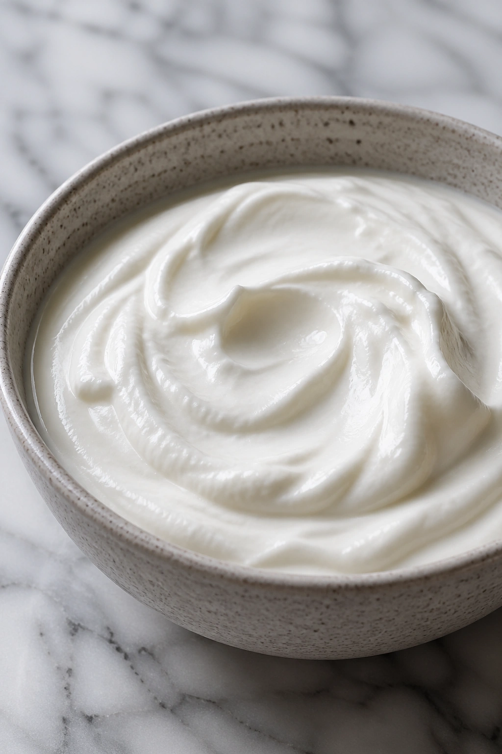 Close-up of plain Greek yogurt in a bowl on a marble counter