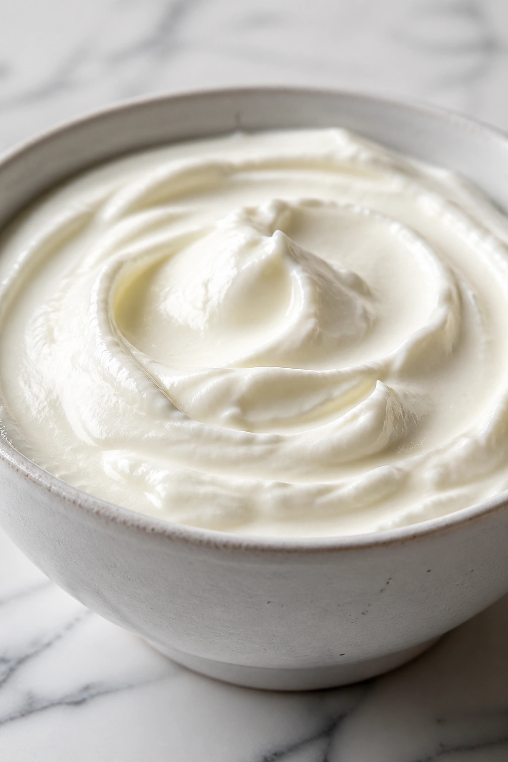 Close-up of plain Greek yogurt filling the frame in a bowl on a countertop.