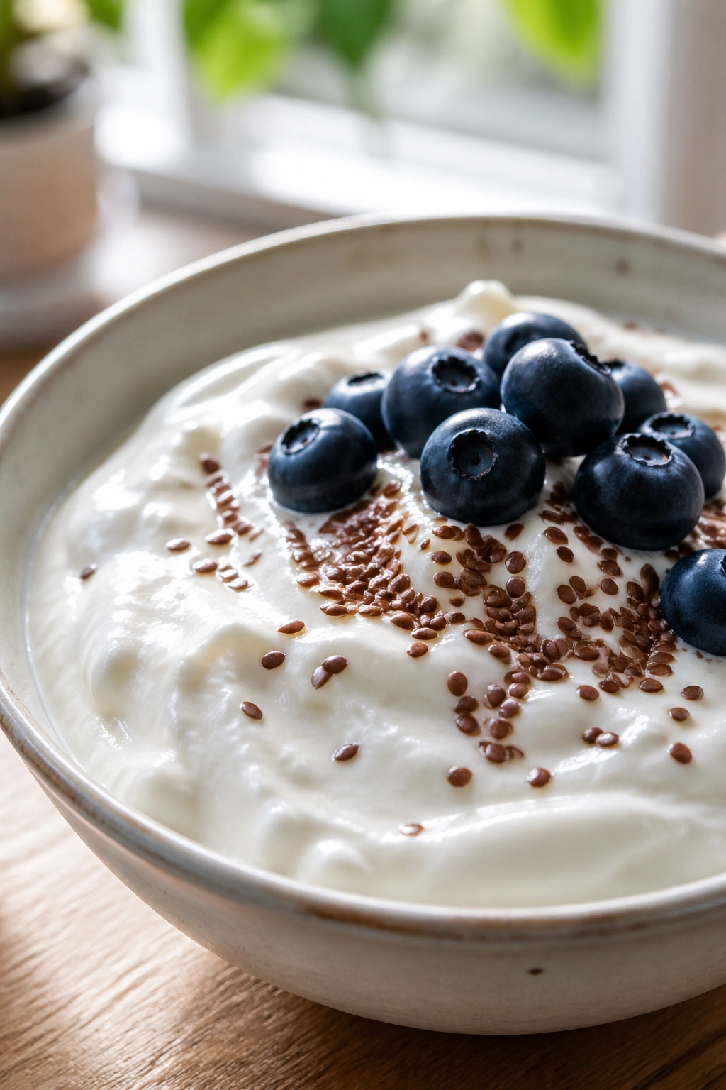 Bowl of plain Greek yogurt with blueberries and flaxseed