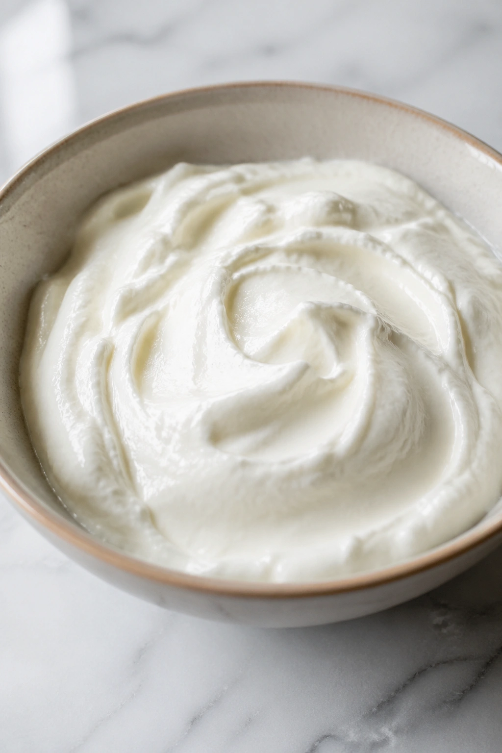 Thick Greek yogurt in a bowl on a minimalist kitchen counter