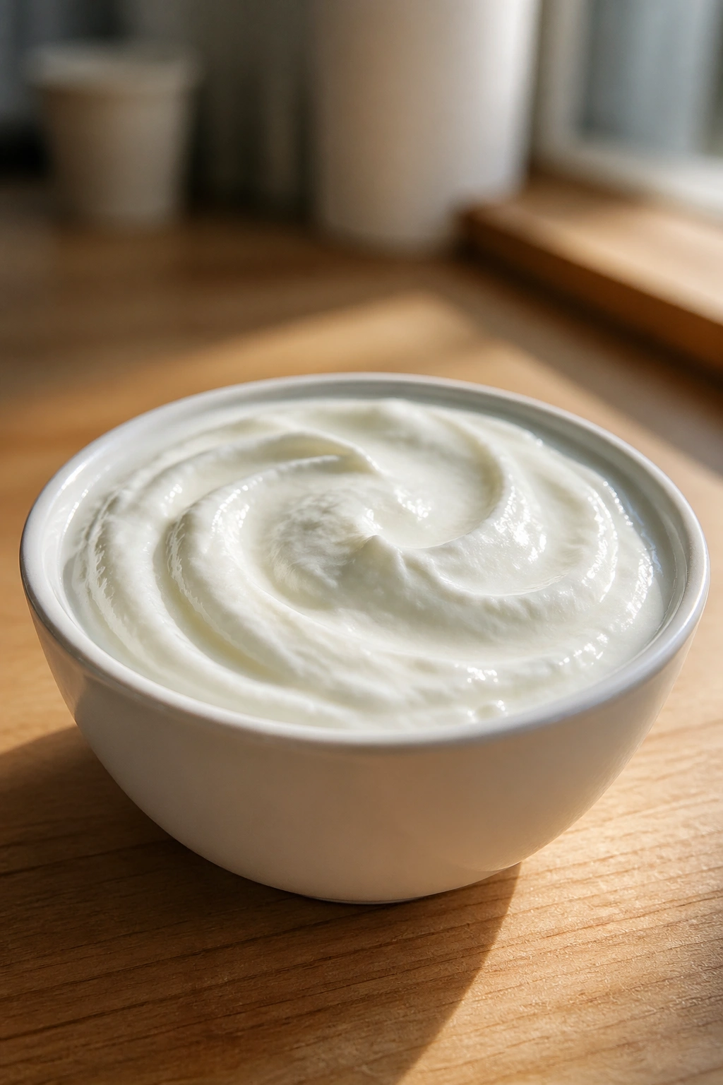 Close-up of plain Greek yogurt in a bowl on a wooden kitchen counter with warm light