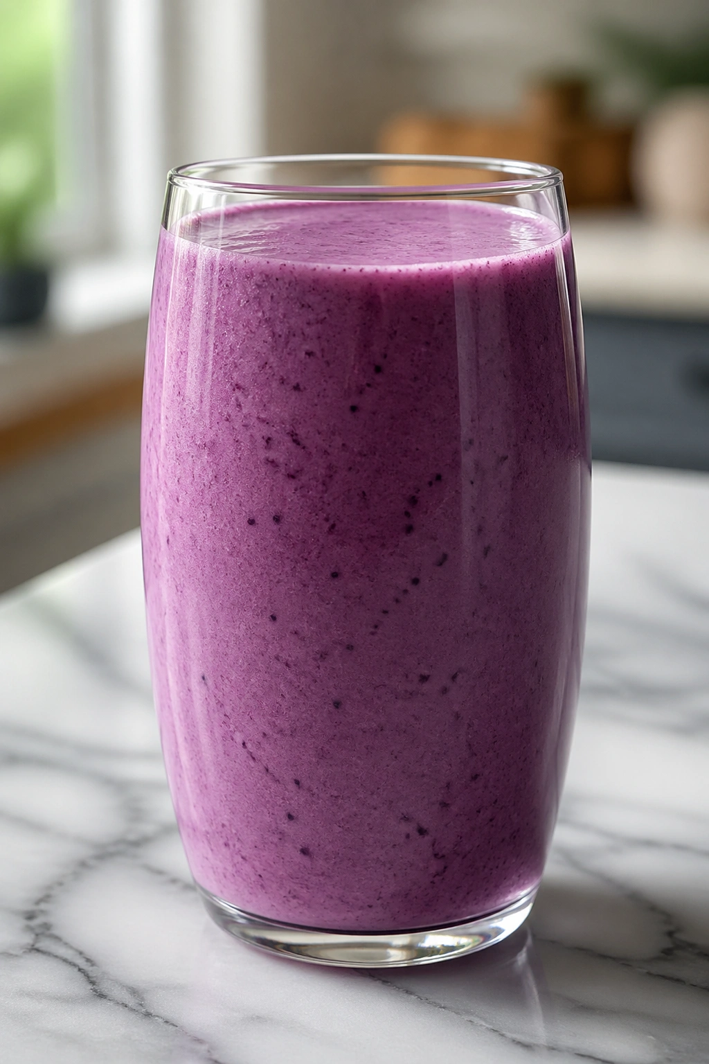 Creamy Greek yogurt berry smoothie in a tall glass on a marble kitchen counter.