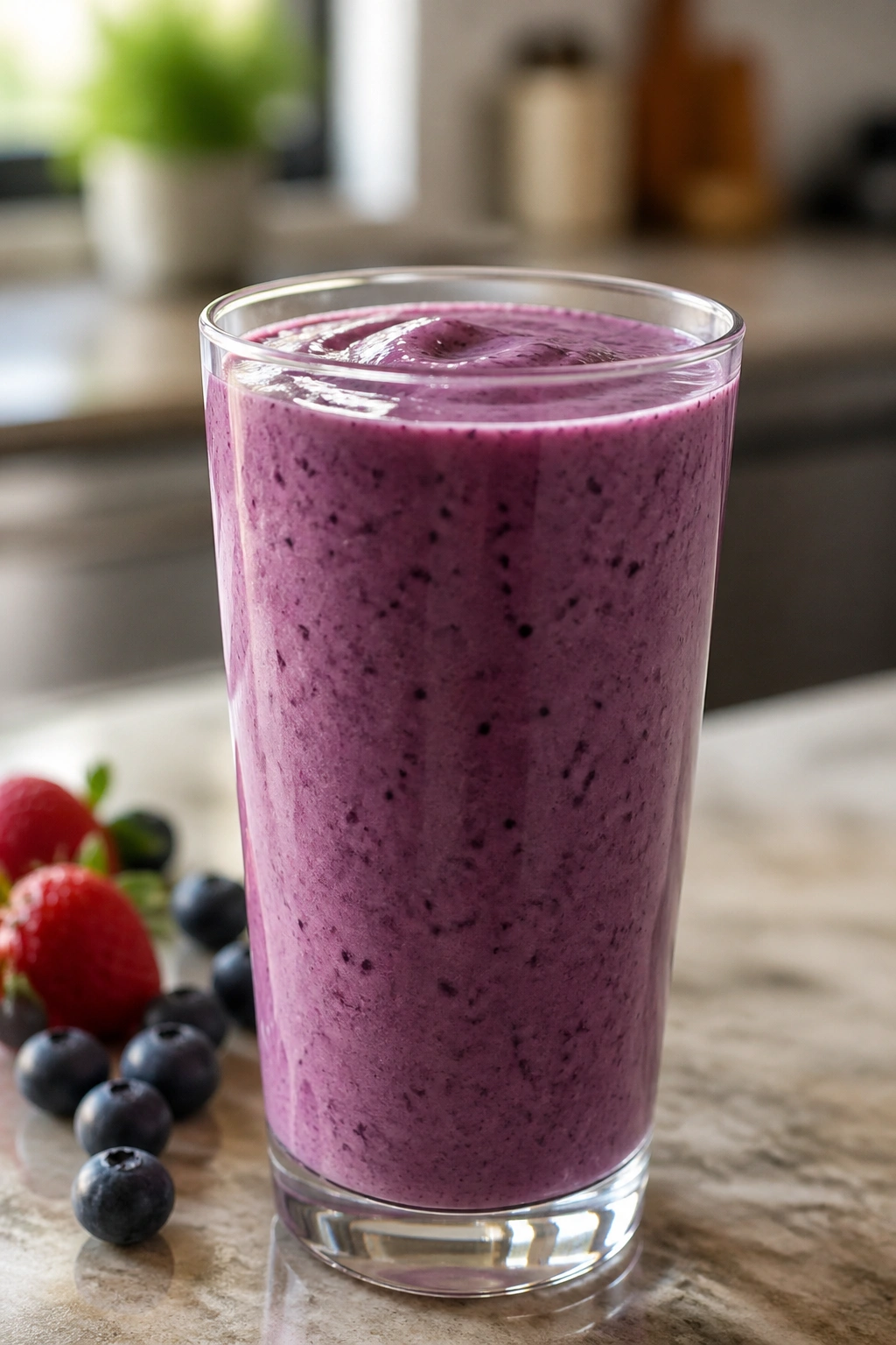Thick Greek yogurt berry smoothie in a glass