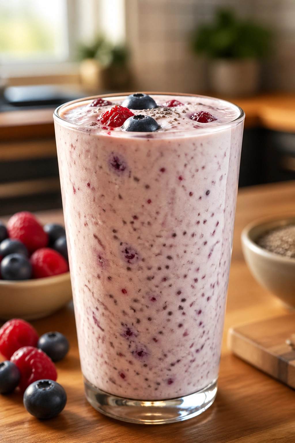 Close-up of thick Greek Yogurt Berry Chia Smoothie in a glass on a wooden kitchen counter, berries visible.